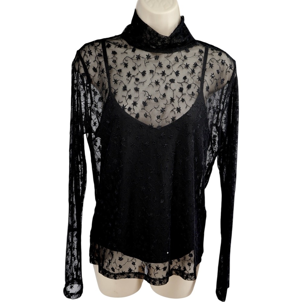 Rag‎ & Bone Dahlia Lace Turtleneck Black Sheer Floral Long Sleeve Sz L NWT $228